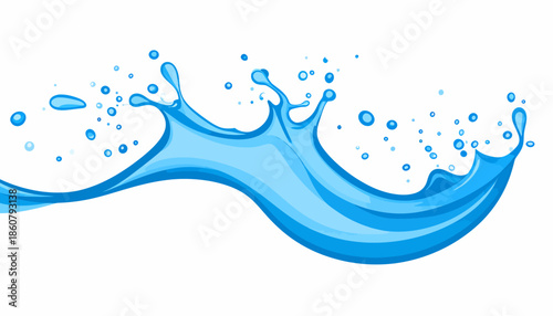 A vibrant blue water splash with numerous droplets creating a dynamic wave effect against a clean white background.