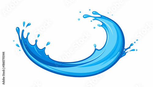 A dynamic and vibrant blue water splash forming a graceful wave shape with droplets, isolated on a white background.
