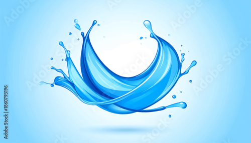 A dynamic blue water splash creating a graceful wave shape with droplets on a light blue background.