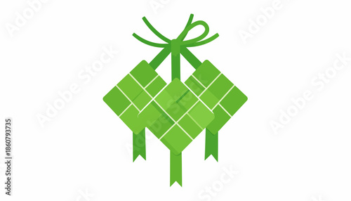 Three green ketupat rice dumplings, a traditional Southeast Asian food, tied with a ribbon, symbolizing Eid al-Fitr celebrations.