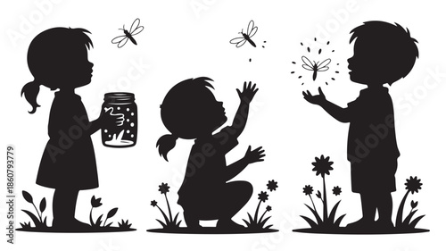Children playing with fireflies in a whimsical silhouette illustration with glowing elements for summer night memories.