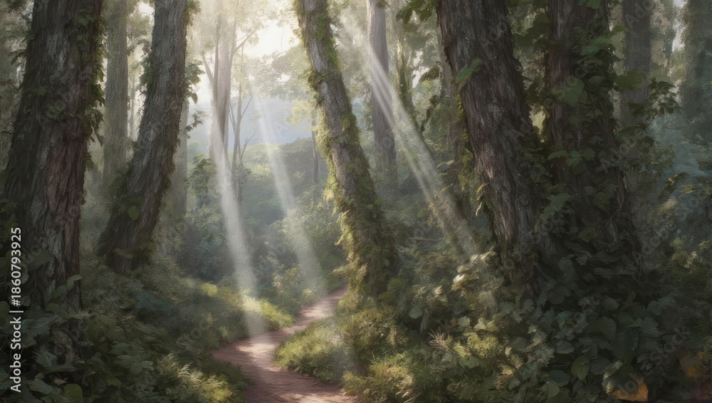 Fototapeta premium Sunlight streams through a lush forest, illuminating a winding path. Trees covered in moss