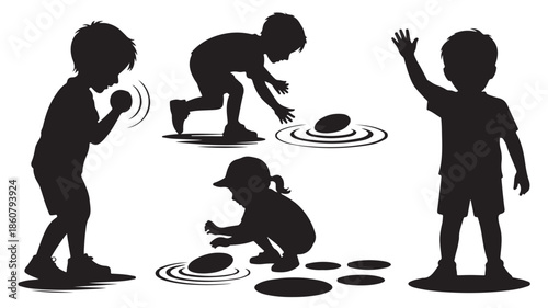 Children Silhouettes Playing with Water Puddles Vector Set