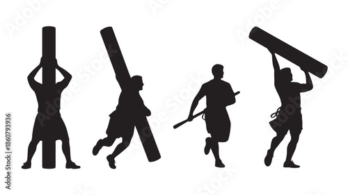 Men Silhouettes Lifting and Carrying Logs Vector Illustration Isolated on White