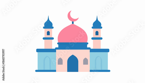A simple flat illustration of a mosque with a pink dome and blue minarets, featuring a crescent moon on top.