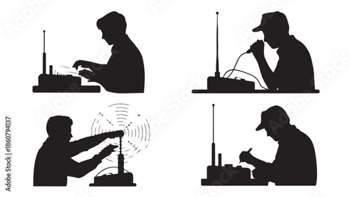 Amateur Radio Operator Silhouette Set Communicating and Adjusting Equipment Isolated on White