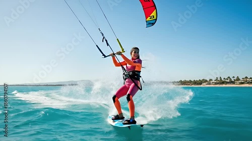 Kitesurfing Fun Bright Sunny Day Turquoise Ocean Water Splash