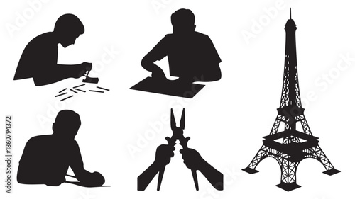 Silhouettes of Men Working, Hands with Pliers, and Eiffel Tower Isolated on White Background