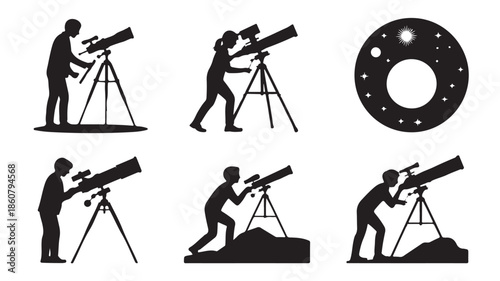 Astronomers observing through telescopes in educational silhouette style with black and white clean vector illustration for science and exploration projects.
