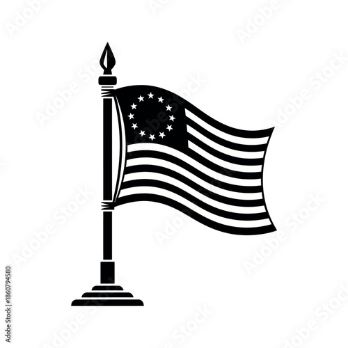 Betsy Ross Flag on Pole Black and White Illustration.