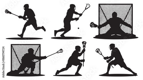 Lacrosse Players Dynamic Action in Black Silhouettes as Vector Illustration for Sports Design.