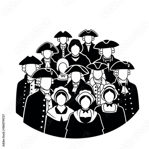 Foto Colonial American community gathering in historical attire.