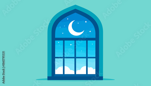 A stylized illustration of an arched window looking out at a clear night sky with a crescent moon, stars, and clouds.
