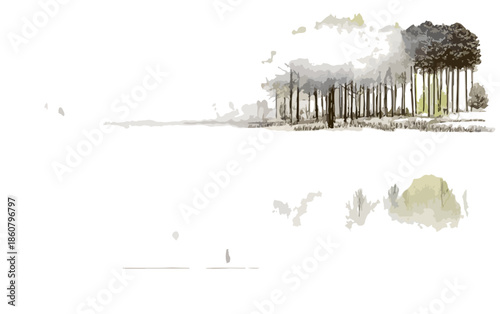 Illustration transparente et minimaliste d'une forêt se reflétant dans l'eau, évoquant la sérénité naturelle et un design épuré.