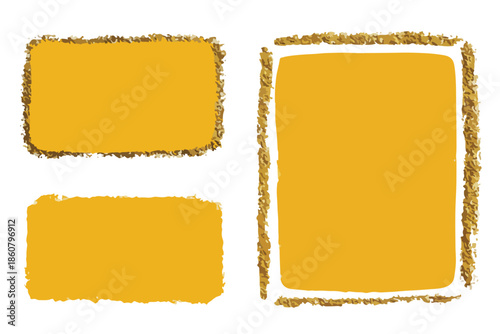 Ensemble de cadres et bordures rectangulaires texturés jaune moutarde et doré, dessinés à la main, parfaits pour des éléments graphiques polyvalents.