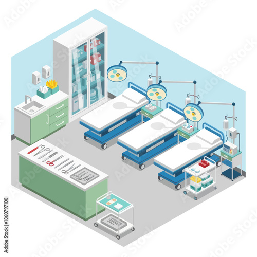 Hospital Ward with Medical Equipment and Beds.
