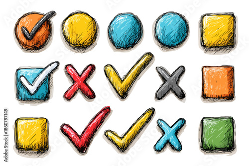 Collection d'icônes de validation et de rejet dessinées à la main, avec des coches, des croix, des cercles et des carrés colorés sur fond transparent.