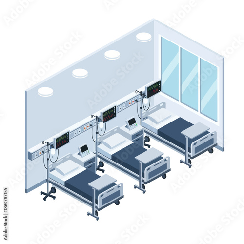 Hospital Room with Three Medical Beds.