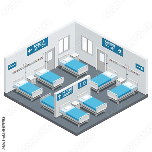 Hospital Ward with Beds and Signage.