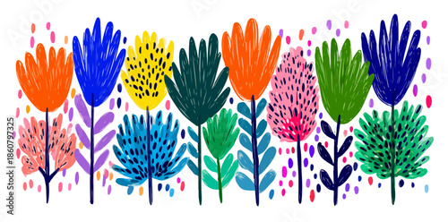 Illustration colorée et abstraite de fleurs stylisées aux formes variées, créant un motif joyeux et moderne sur fond blanc, idéal pour un design frais et transparent.