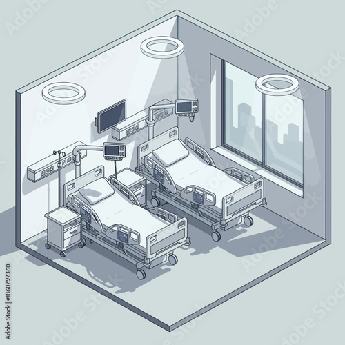 Hospital Room with Medical Equipment and Beds.