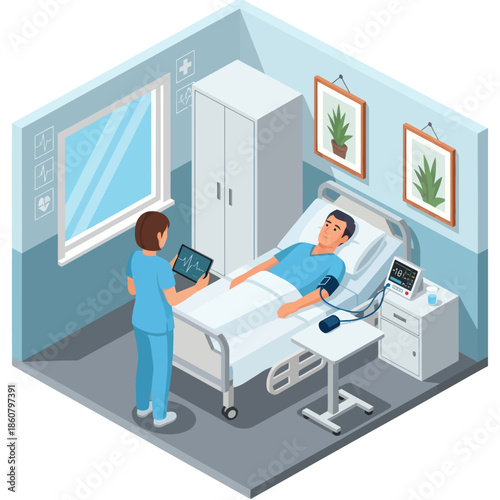 Nurse Checking Patient in Hospital Bed.