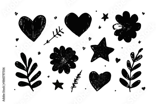 Collection d'éléments décoratifs noirs dessinés à la main, incluant cœurs, étoiles et feuillages, avec une texture granuleuse pour un design transparent et artistique.