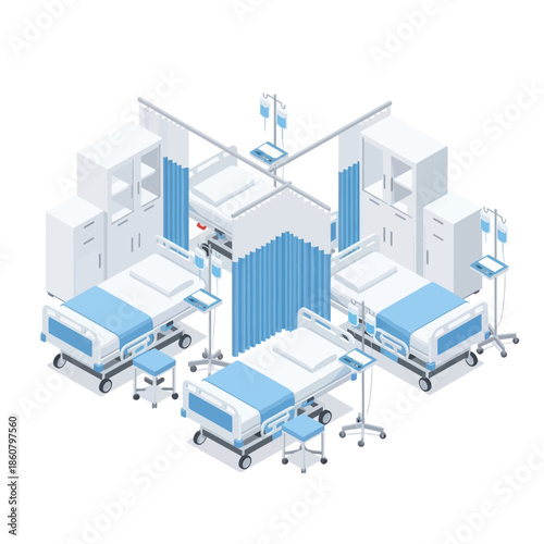Hospital Room with Four Beds and Equipment.