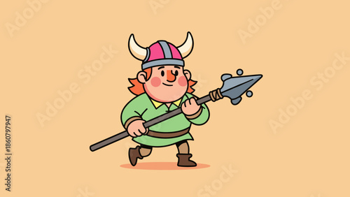 Cartoon Viking Warrior with Spear Ready for Battle.