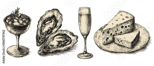 Illustrations vintage dessinées à la main : cocktail, huîtres, champagne et fromage, parfaites pour un design gastronomique sur fond transparent.