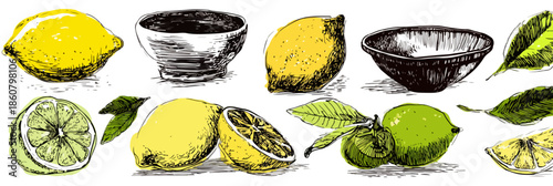 Ensemble d'éléments graphiques vectoriels dessinés à la main : citrons, limes, feuilles et bols, isolés sur fond blanc pour un usage polyvalent.