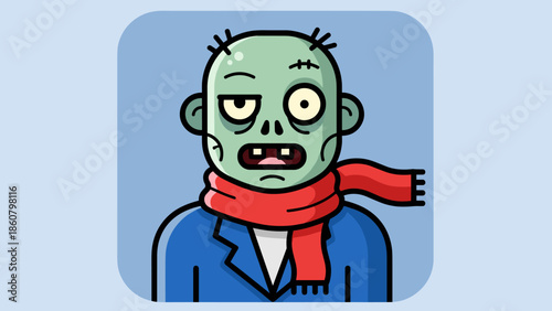Cartoon Zombie Character with Red Scarf and Green Skin.