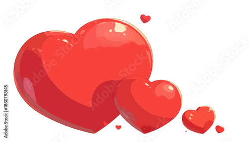 Amour et passion illustrés par une série de cœurs rouges brillants de tailles variées, parfaits pour des designs romantiques sur un fond transparent.