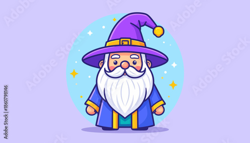 Cartoon Wizard with Purple Hat and White Beard Illustration.