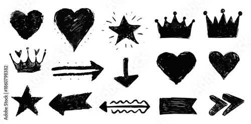 Collection d'icônes vectorielles noires dessinées à la main, style grunge, comprenant cœurs, étoiles, couronnes et flèches, idéal pour des designs créatifs et transparents.