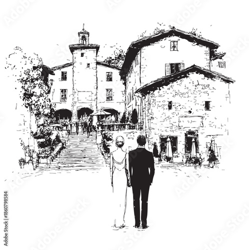 Hand drawn Italian style vintage wedding couple