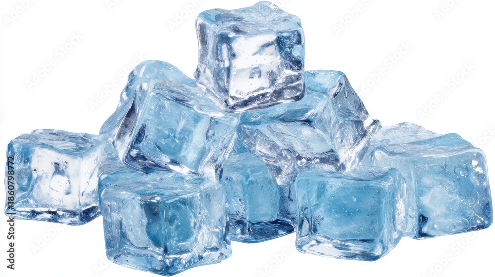 Obraz premium A visually appealing stack of clear blue ice cubes isolated against a white background. Perfect for illustrating freshness, chill, or cold concepts in culinary and beverage contexts.