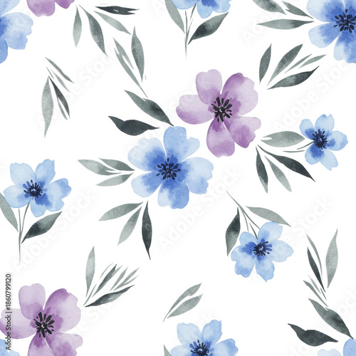 Lavender, sky blue watercolor flowers, green leaves, dark abstract brushstrokes in a seamless impressionistic pattern on white, tranquil botanical elegance