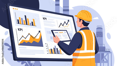 Construction worker analyzing business data on large screen and tablet.