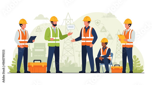 Diverse team of construction workers collaborating on site.