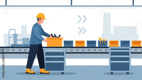 Factory worker placing items on a conveyor belt.