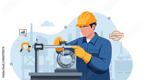 Skilled engineer meticulously measuring industrial component with precision tools.