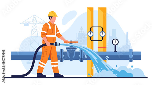 Worker in orange uniform operating industrial valve with water flow.