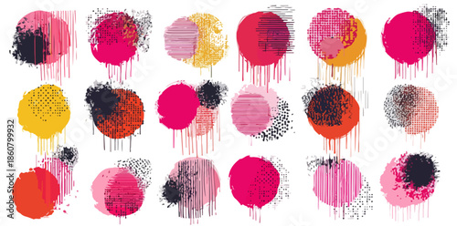 Ensemble d'éléments graphiques abstraits et modernes : cercles colorés avec effets de goutte, textures variées et superposition transparente sur fond blanc.