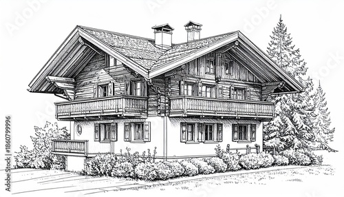 Detailed Sketch of a Traditional Alpine Chalet with Balconies.