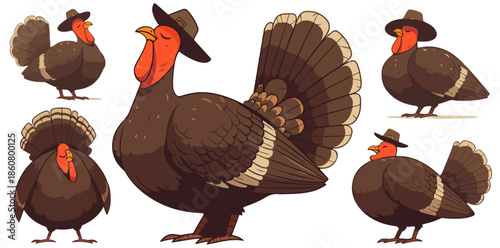 Illustration vectorielle de dindons de dessin animé portant des chapeaux, présentés dans diverses poses, parfaits pour les designs de vacances ou de ferme.