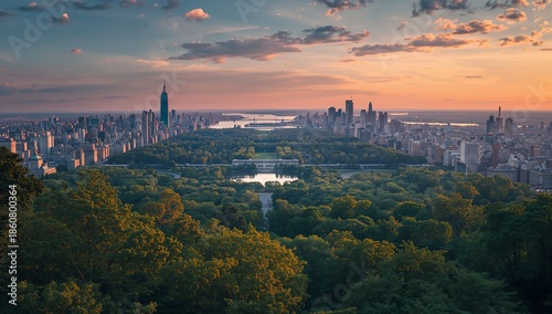 New York City skyline with Central Park at sunset, a breathtaking panoramic view