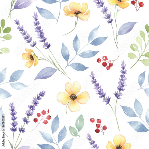 Delicate lavender and pale yellow watercolor flowers, light green and soft blue leaves, red berries form a seamless botanical pattern on white background, gentle nature aesthetic