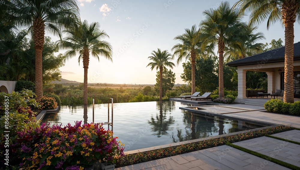 Fototapeta premium Luxury infinity pool with palm trees and lounge chairs at sunset overlooking a scenic landscape