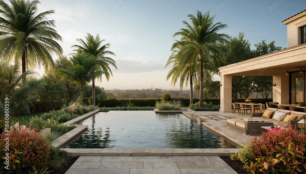 Fototapeta premium Luxury backyard oasis with infinity pool, palm trees, and covered patio seating